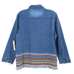 Blue denim jacket back with yoke seam and colorful embroidered band, frayed hem