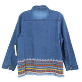 Blue denim jacket back with yoke seam and colorful embroidered band, frayed hem
