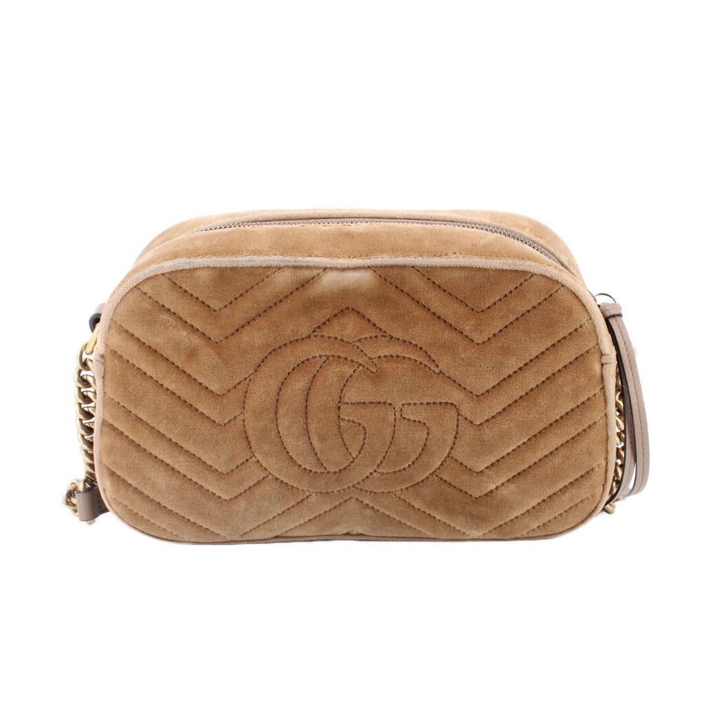 GUCCI velvet crossbody bag, brown front with raised chevron quilting and gold GG logo
