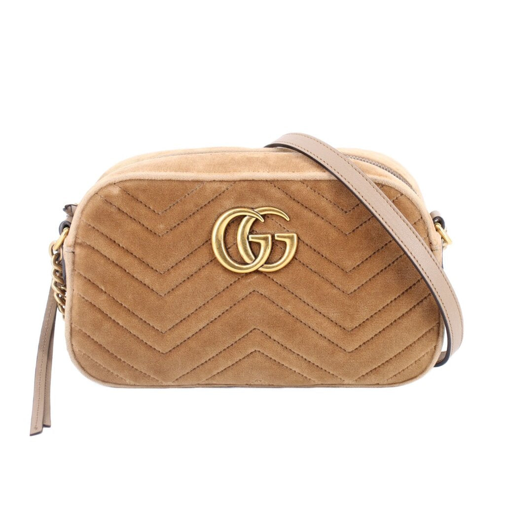 GUCCI velvet crossbody bag, brown chevron quilting, gold GG logo clasp