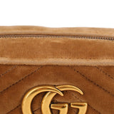 Brown velvet crossbody bag gold-tone GG emblem on stitched suede panel