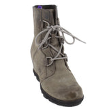 Gray lace-up wedge ankle boots with padded collar and rugged black sole