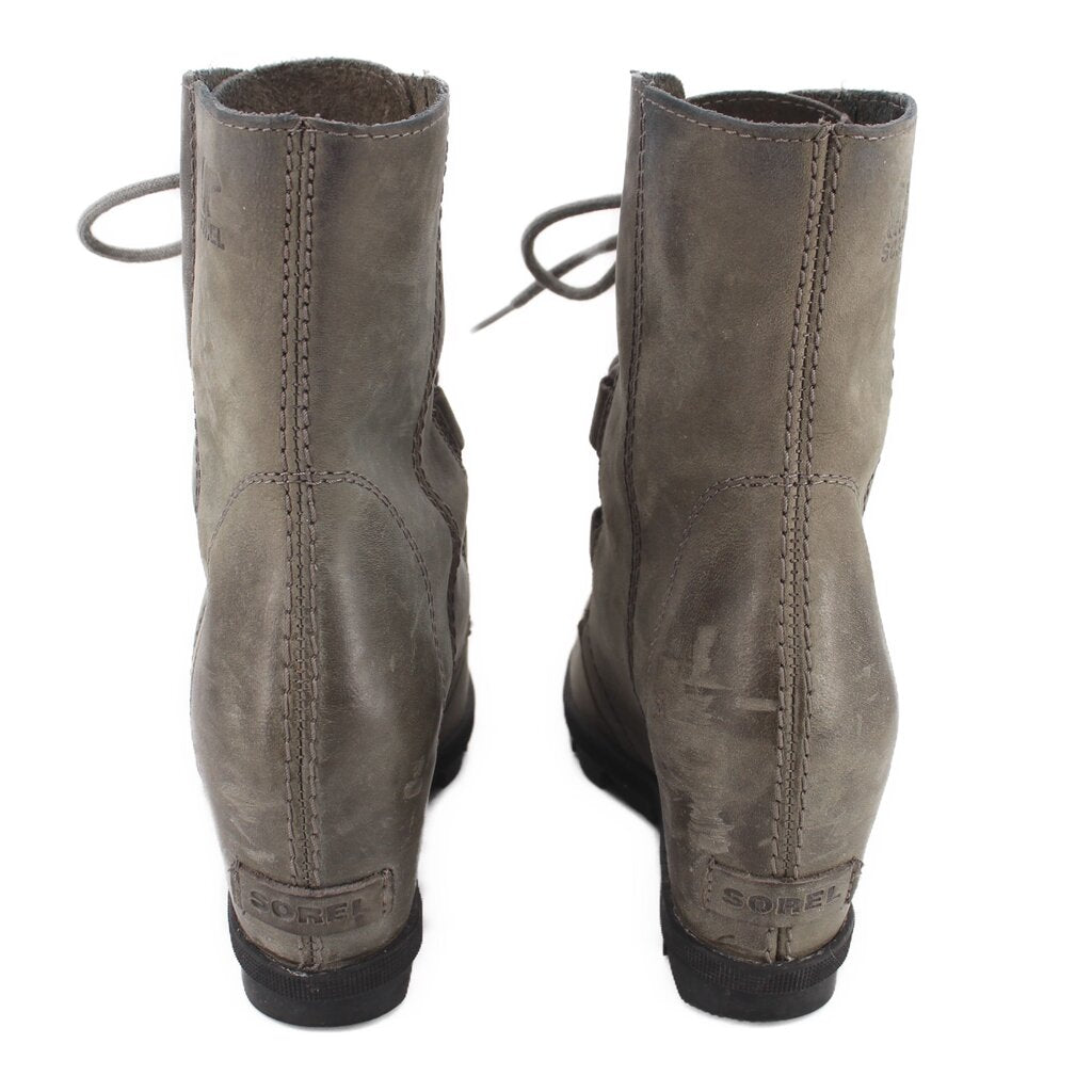 SOREL gray suede wedge ankle booties, rear view with stacked heel