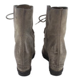 SOREL gray suede wedge ankle booties, rear view with stacked heel