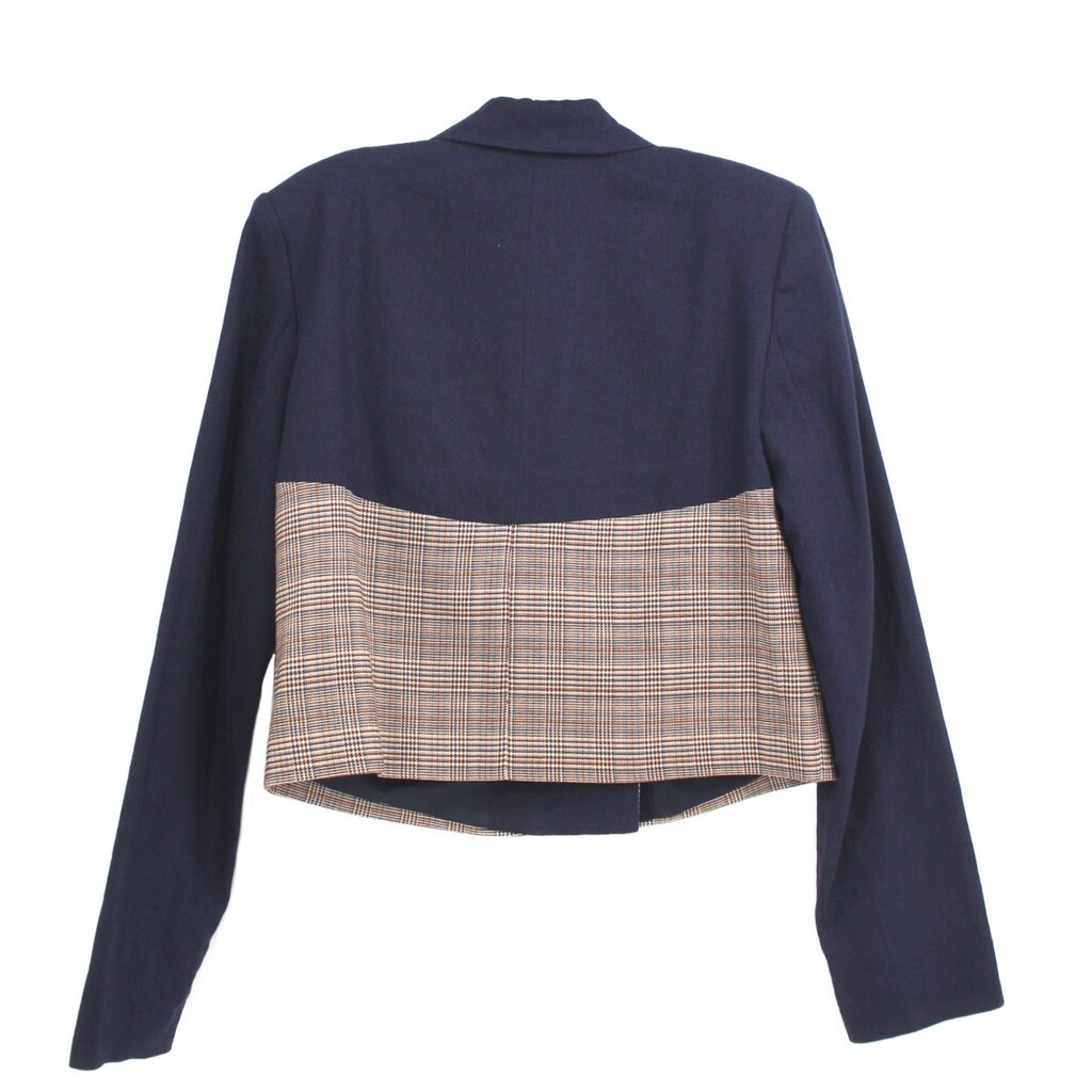Cropped navy jacket with plaid back panel and structured collar
