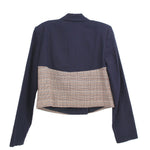 Cropped navy jacket with plaid back panel and structured collar