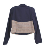 Cropped navy jacket with plaid back panel and structured collar