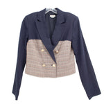Cropped navy jacket with plaid front panel and gold buttons