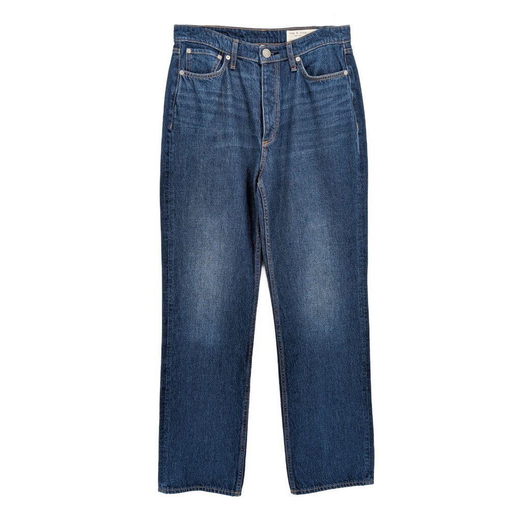 High-rise straight denim pants in blue, button-fly, front pockets and belt loops