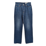 High-rise straight denim pants in blue, button-fly, front pockets and belt loops