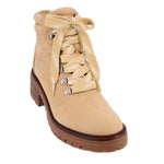 Tan combat boots with lace-up front, rounded toe, and brown rubber sole.
