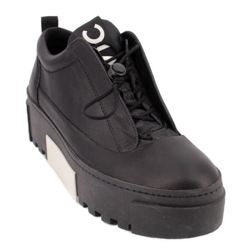 Black platform sneaker with lace-up front and cushioned collar