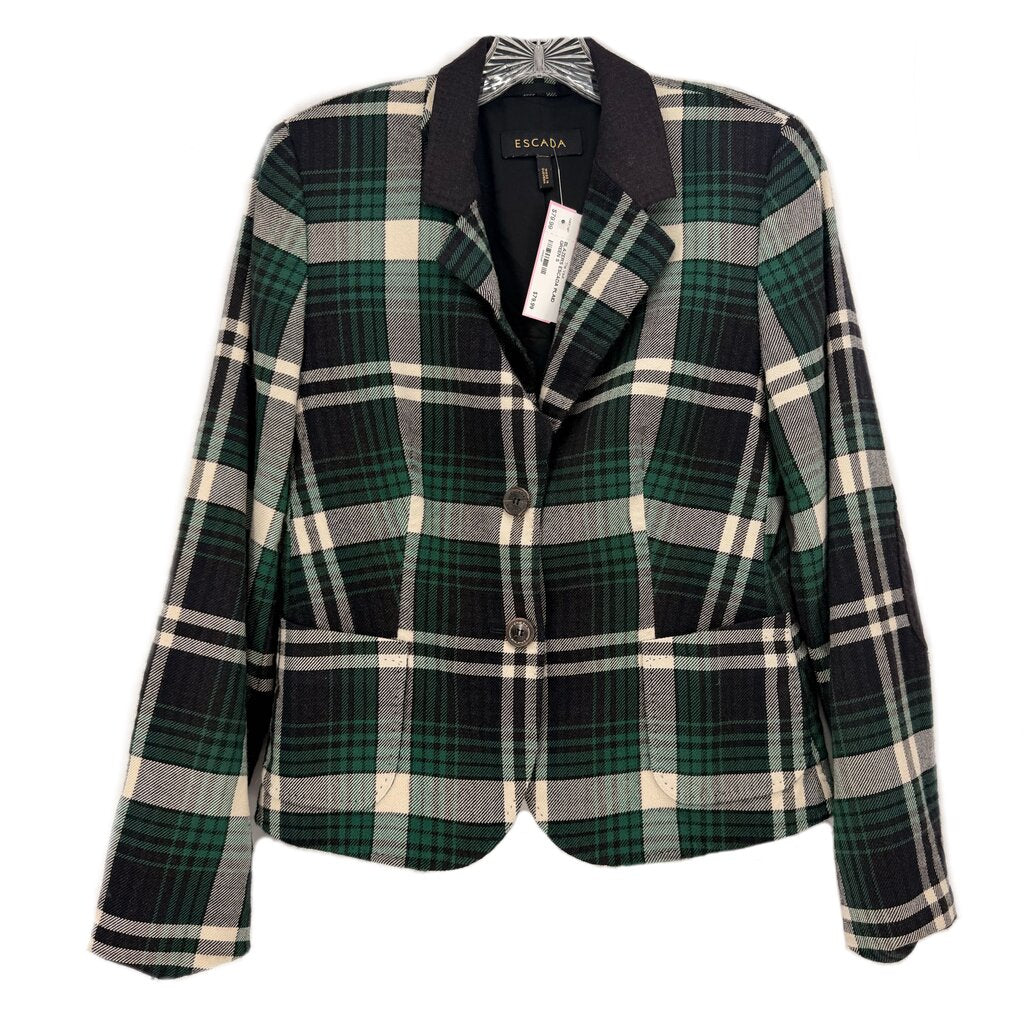 ESCADA plaid blazer in green with cream and dark checks, button front, notch lapels