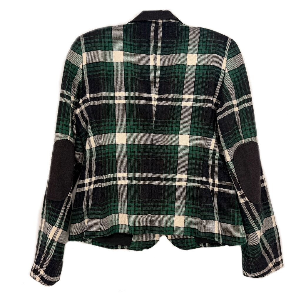 ESCADA plaid blazer back view, green with cream and dark checks, long sleeves