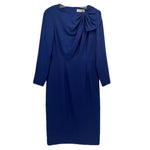 Navy long sleeve dress with twisted neckline detail and fitted waist seam
