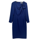 Navy long sleeve dress with twisted neckline detail and fitted waist seam