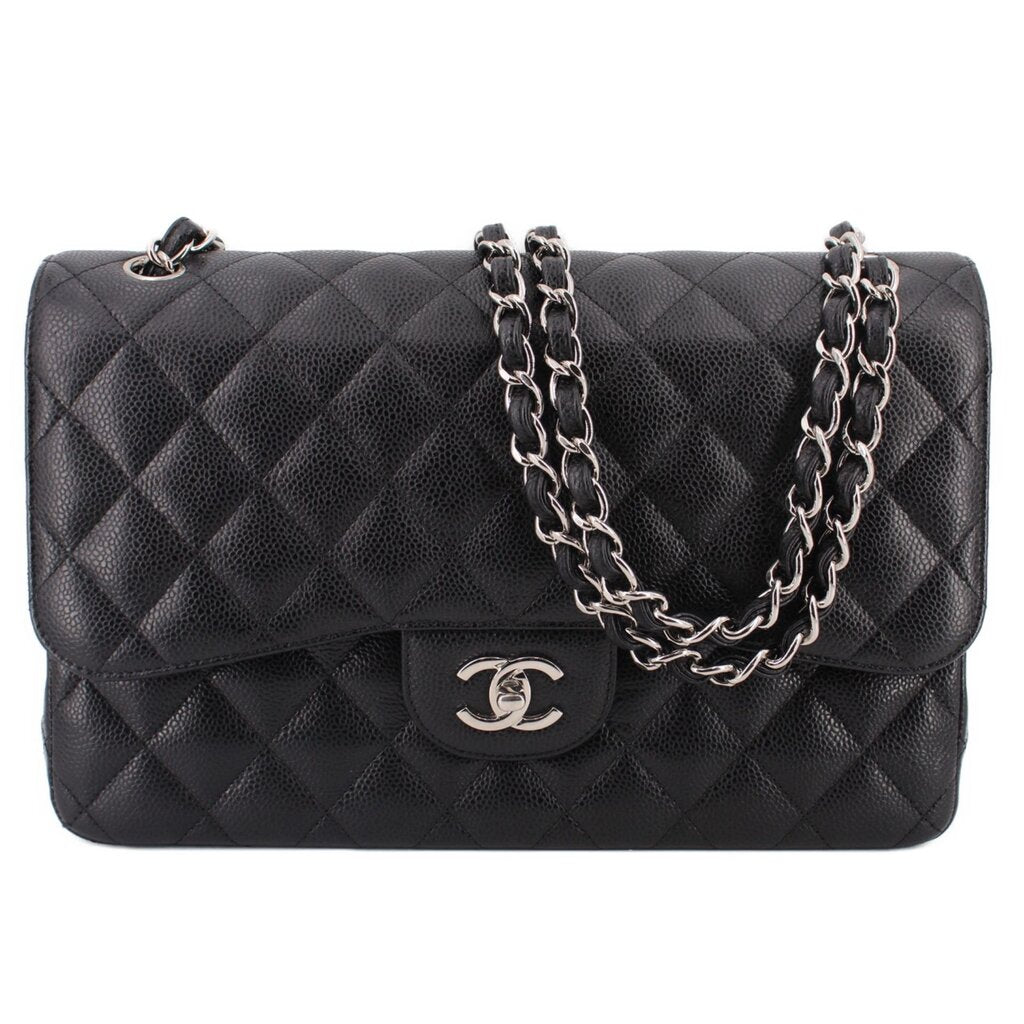 CHANEL jumbo double flap shoulder bag, black quilted leather, chain strap and CC clasp