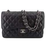 CHANEL jumbo double flap shoulder bag, black quilted leather, chain strap and CC clasp