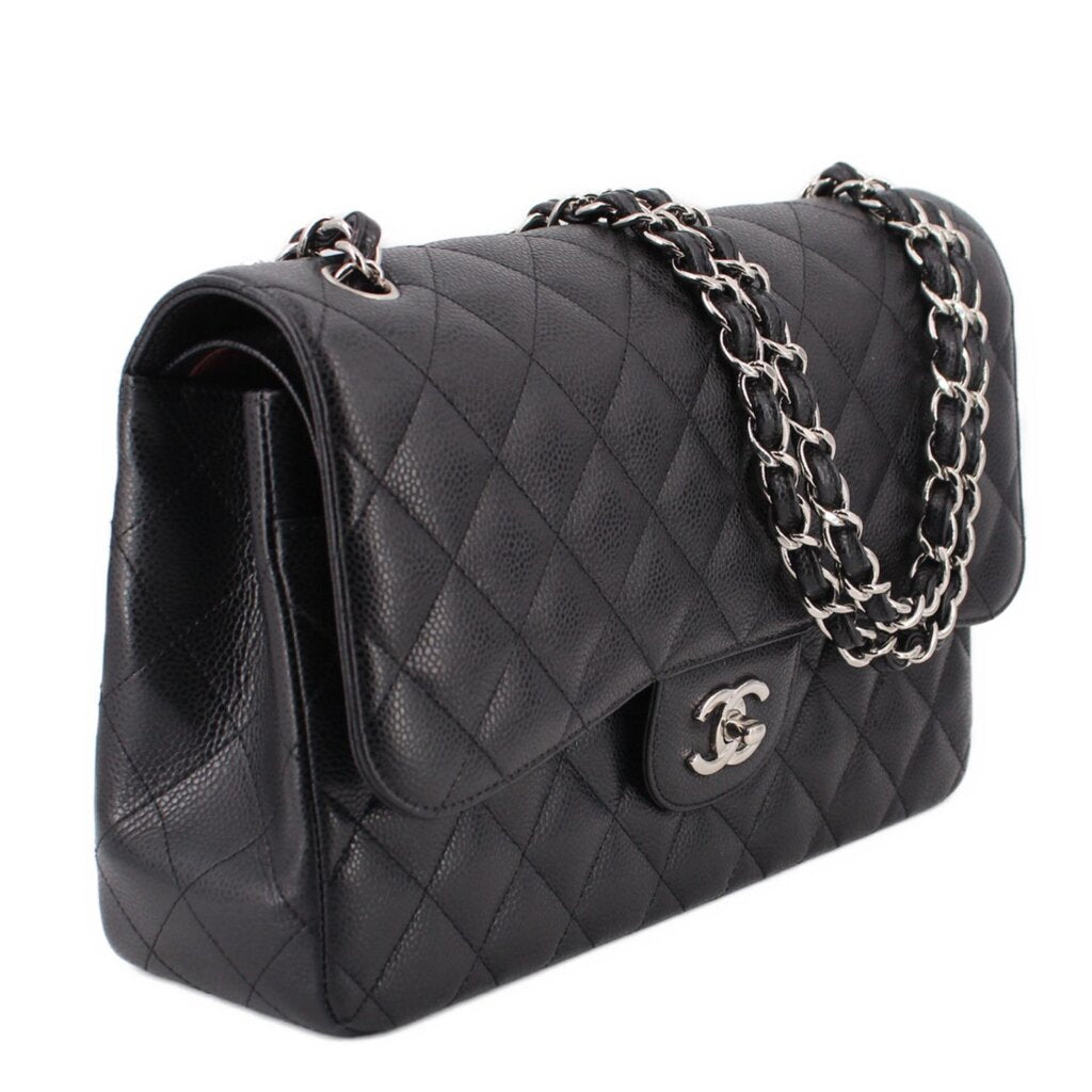 Black quilted jumbo double flap shoulder bag with double chain strap, CC logo on flap