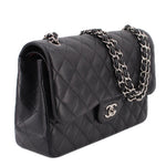 Black quilted jumbo double flap shoulder bag with double chain strap, CC logo on flap
