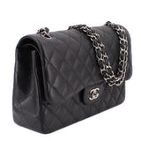 Black quilted jumbo double flap shoulder bag with double chain strap, CC logo on flap