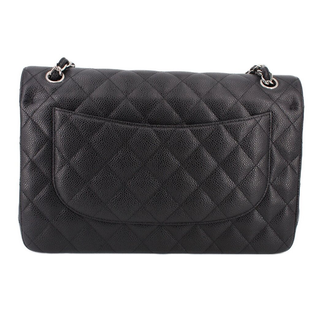 Black jumbo double flap shoulder bag, quilted back panel with flap pocket and top rings
