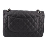 Black jumbo double flap shoulder bag, quilted back panel with flap pocket and top rings