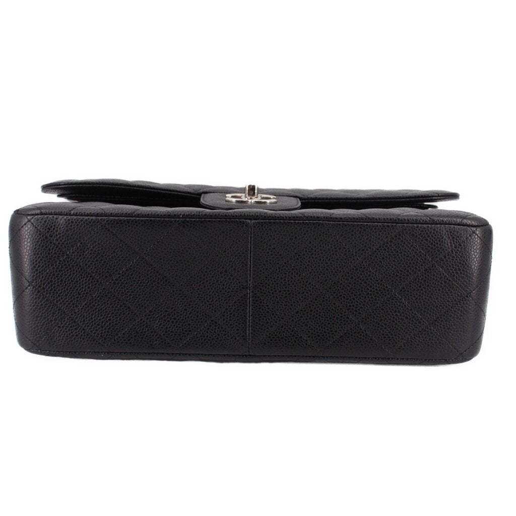 Black leather jumbo double flap bag with silver turn-lock on top edge