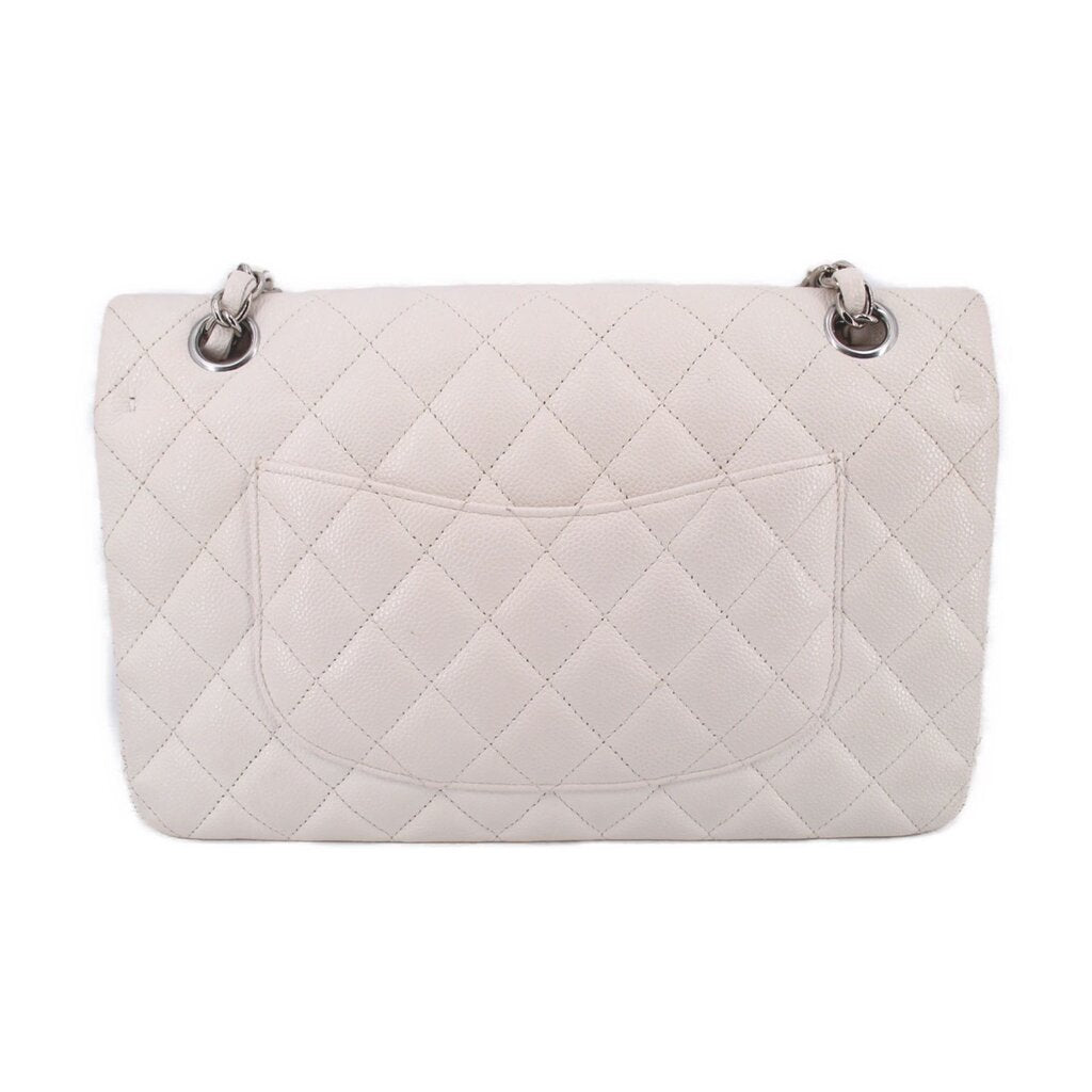 Light chalk quilted double-flap bag with silver chain strap and diamond stitch pattern