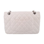 Light chalk quilted double-flap bag with silver chain strap and diamond stitch pattern