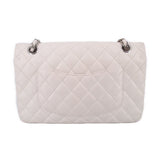 Light chalk quilted double-flap bag with silver chain strap and diamond stitch pattern