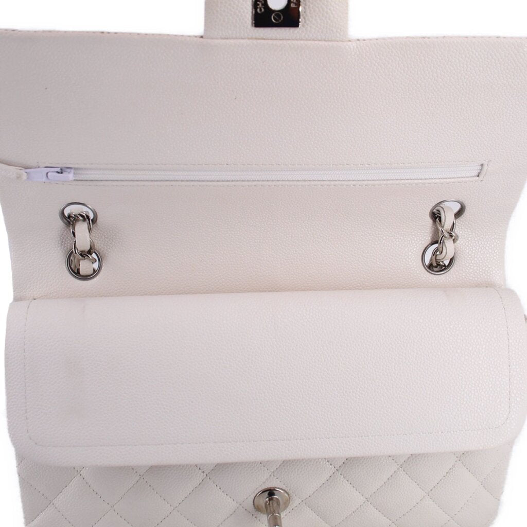 Chalk leather double flap shoulder bag with chain straps, turn-lock, and quilted front