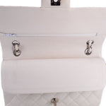Chalk leather double flap shoulder bag with chain straps, turn-lock, and quilted front