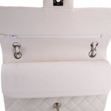 Chalk leather double flap shoulder bag with chain straps, turn-lock, and quilted front