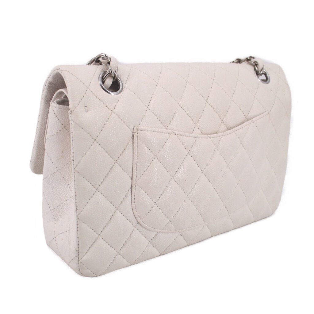 Light chalk quilted shoulder bag with silver chain strap and top metal clasp