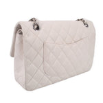 Light chalk quilted shoulder bag with silver chain strap and top metal clasp