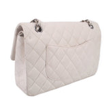 Light chalk quilted shoulder bag with silver chain strap and top metal clasp