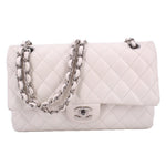 Light chalk quilted double-flap shoulder bag with silver chain strap and CC logo medallion