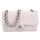 Light chalk quilted double-flap shoulder bag with silver chain strap and CC logo medallion
