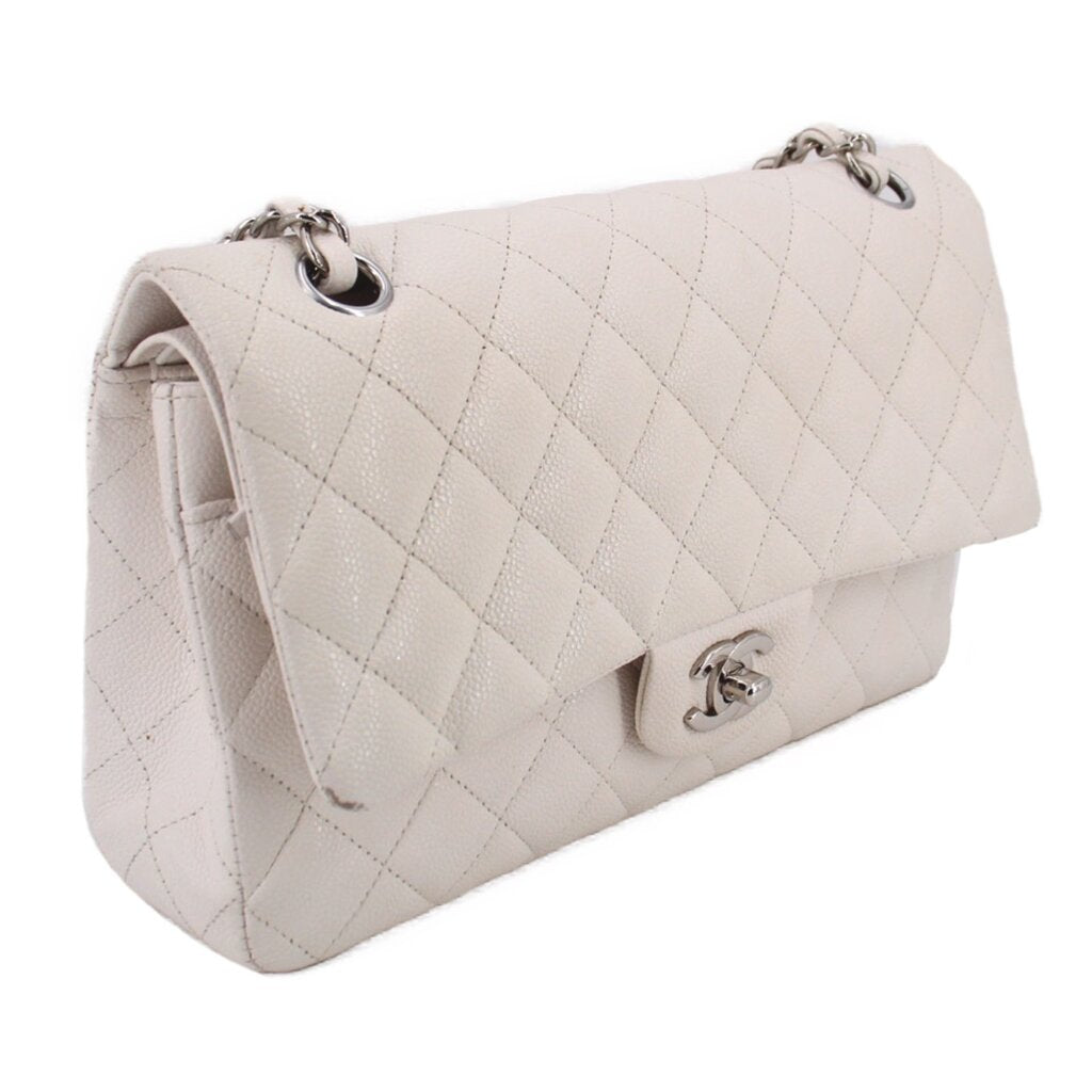 Light chalk quilted shoulder bag with silver chain strap and double-flap front