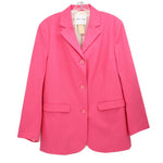 Pink single-breasted blazer jacket with notch lapels, button front, and flap pockets