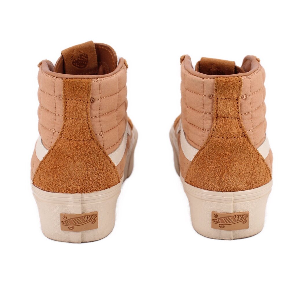 Brown high-top sneakers back view with heel logo patch and white laces, off-white sole