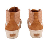 Brown high-top sneakers back view with heel logo patch and white laces, off-white sole