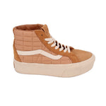 Brown high-top sneaker side view with white laces, white stripe, thick off-white sole