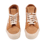Pair of brown high-top sneakers, padded collar, white laces, off-white rubber sole