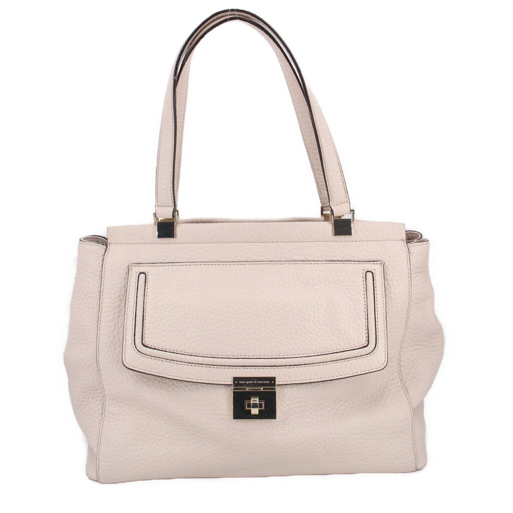 Cream leather Thatcher tote with front flap and gold turn-lock clasp