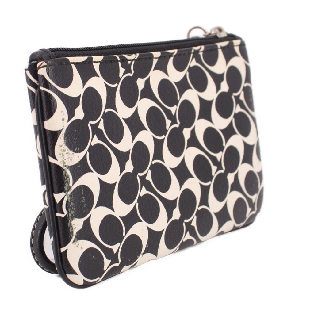 Signature stripe wristlet pouch, logo print, black trim, top zipper with ring pull