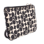 Signature stripe wristlet pouch, logo print, black trim, top zipper with ring pull