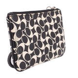 Signature stripe wristlet pouch, logo print, black trim, top zipper with ring pull