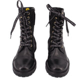 Black lace-up ankle boots with logo-pattern laces and side zipper pulls.